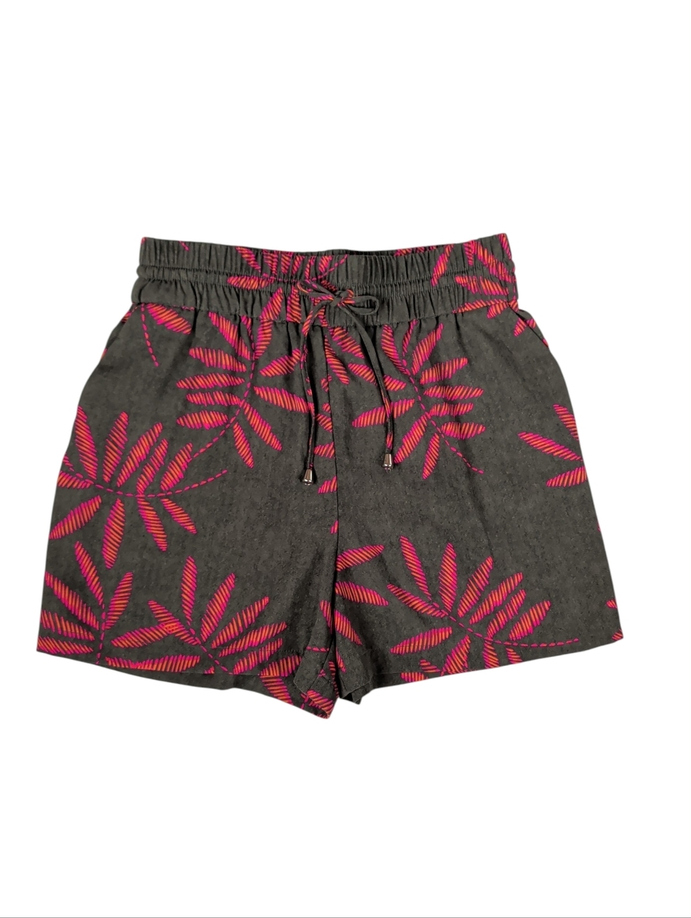 A New Day High Waisted Tropical Crepe Drawstring Shorts MEDIUM Olive Green Pink